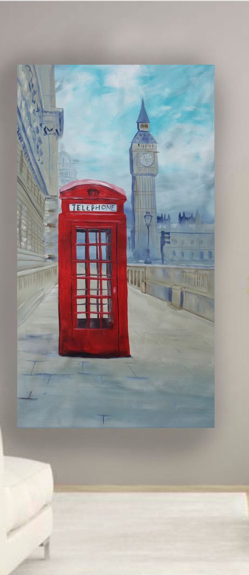 London red telephone box 90x160cm Big Ben S051 Palace of Westminster Large impressionism acrylic painting on unstretched canvas art by Ksavera