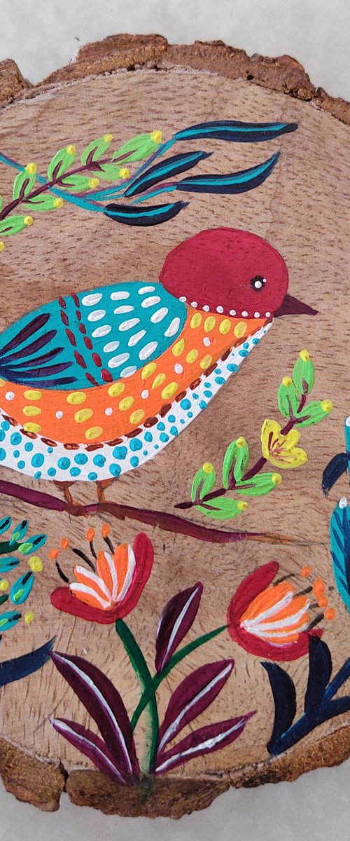 Little joys - Bird painting on a wood slice - table decor or wall art - miniatureart - gift - affordable art by Vikashini Palanisamy