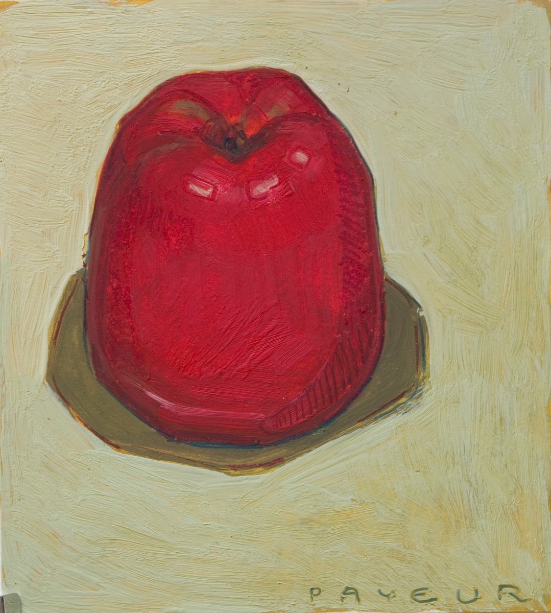 Impressionistic Still Life Oil Painting By Olivier Payeur, 4 X 5", Red Apple On Green, Original Artwork