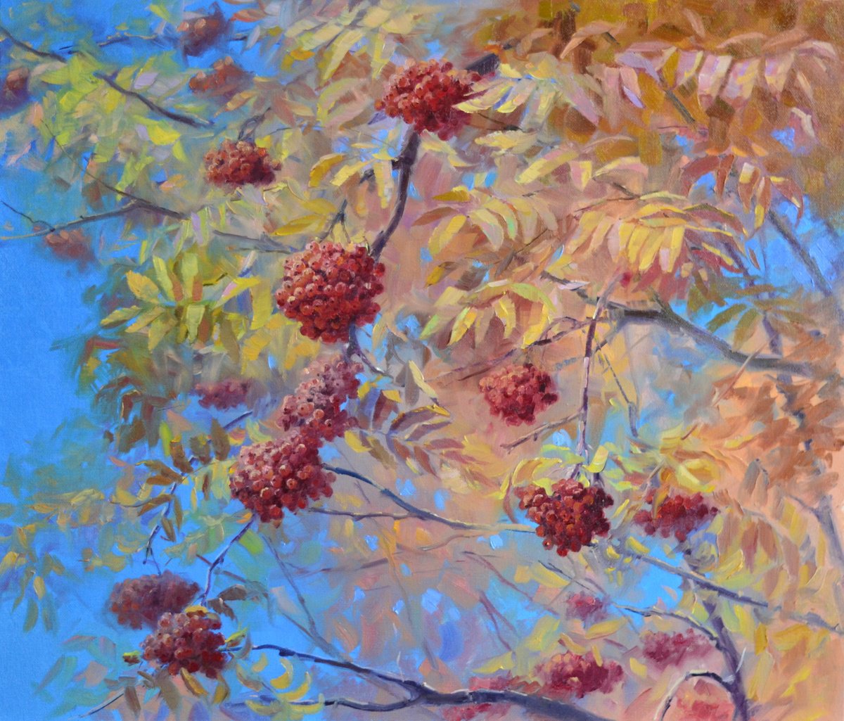 Impressionistic Landscape Oil Painting By Ruslan Kiprych, 28 X 24", Red Rowanberry, Original Artwork