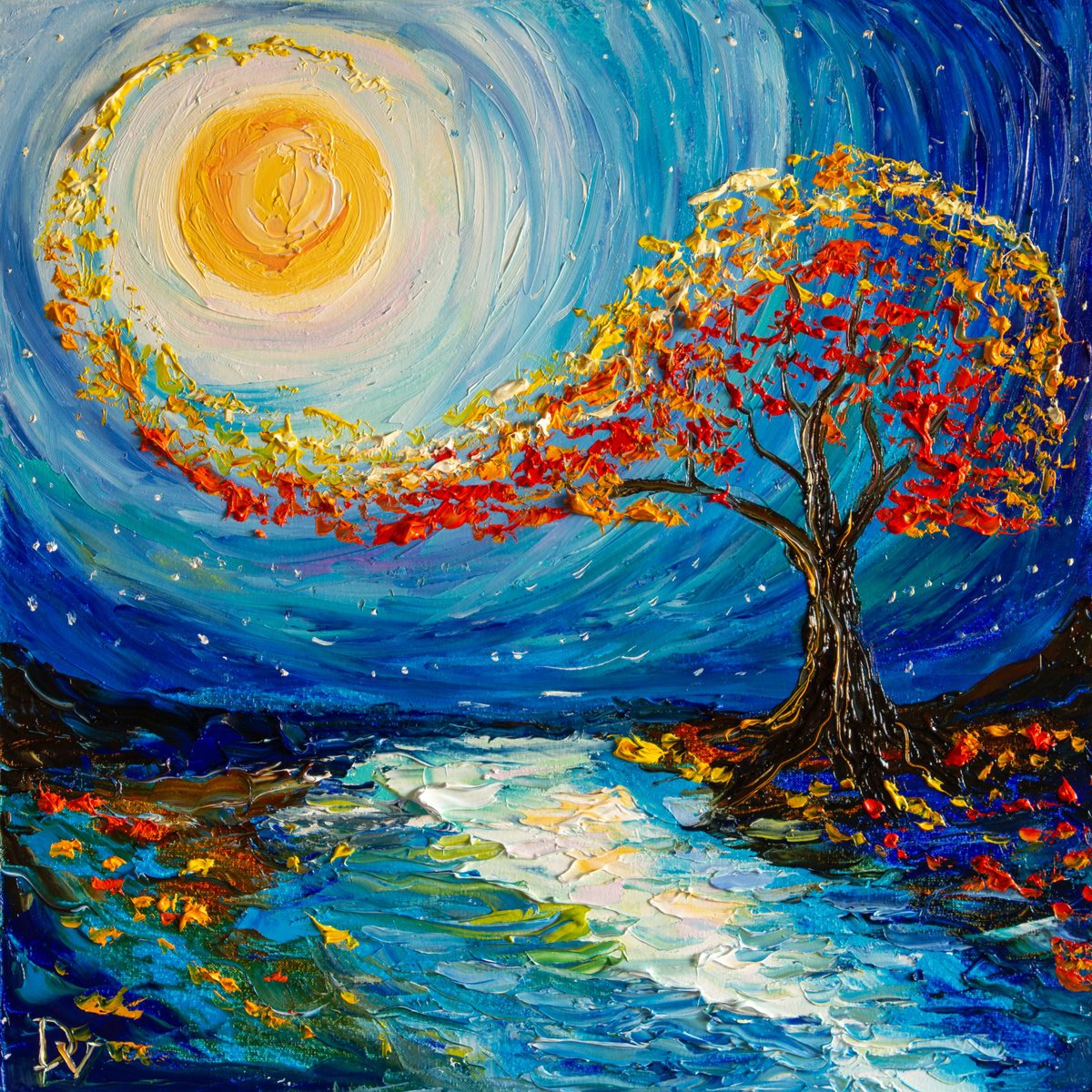 Impressionistic Landscape Oil Painting By Vladyslav Durniev, 16 X 16", Life Energy Flow, Original Artwork