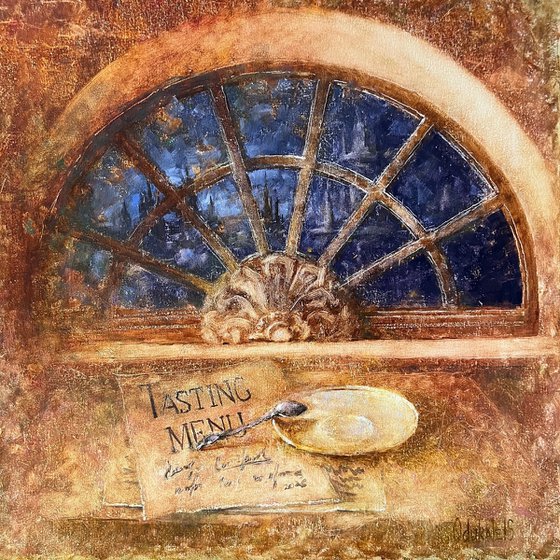 Blue Night Arched Window in Cafe Restaurant