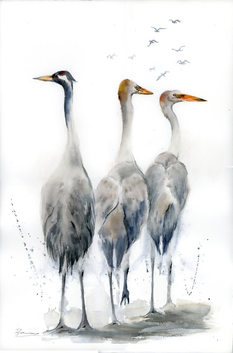Impressionistic Animal Watercolour By Olga Tchefranov (Shefranov), 15 X 22", Three Herons, Original Artwork