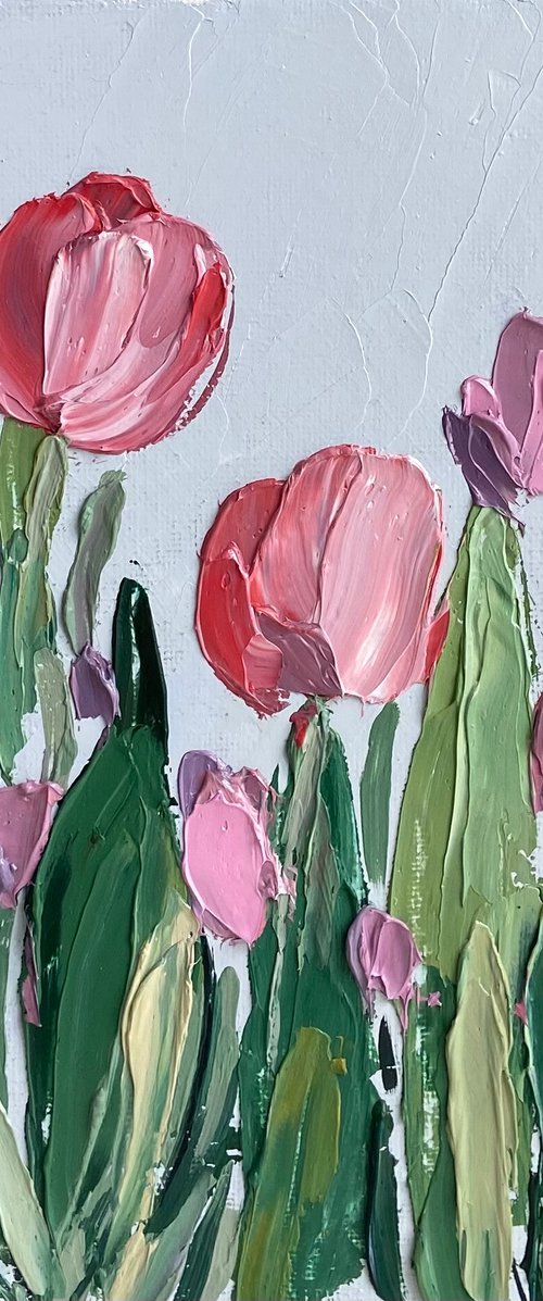 Abstract Tulips flowers painting 20x20cm mini art impasto oil by Leysan Khasanova