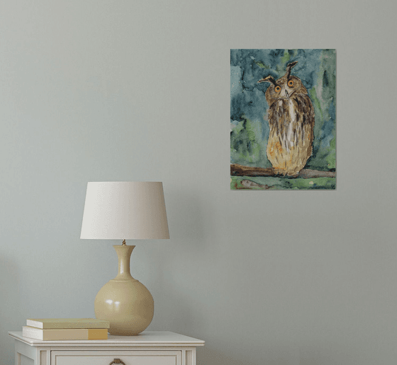 Owl watercolor painting, bird original artwork, nursery wall art