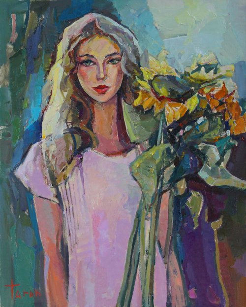 Girl with sunflowers by Taron Khachatryan