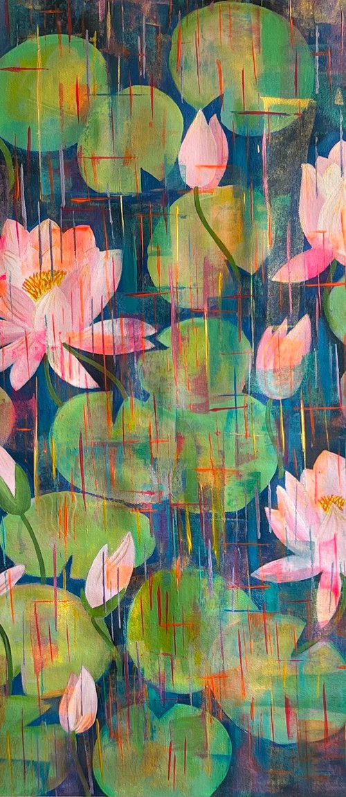 Lily pond of passion ! Large square painting by Amita Dand