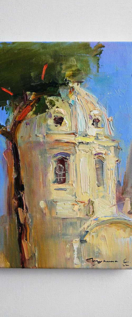 Temple in Piazza Venezia, Rome. From the Roman Holiday series. Original plein air oil painting . by Helen Shukina