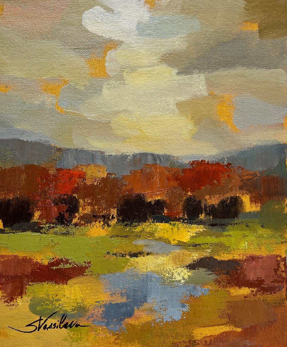 Impressionistic Landscape Acrylic Painting By Silvia Vassileva, 11 X 14", Marigold Landscape I, Original Artwork