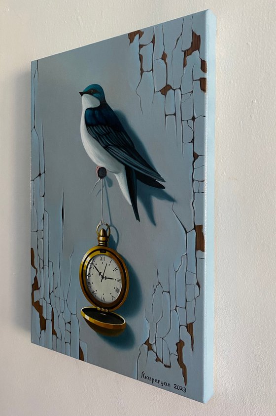 Still life with bird and clock (24x35cm, oil painting, ready to hang)