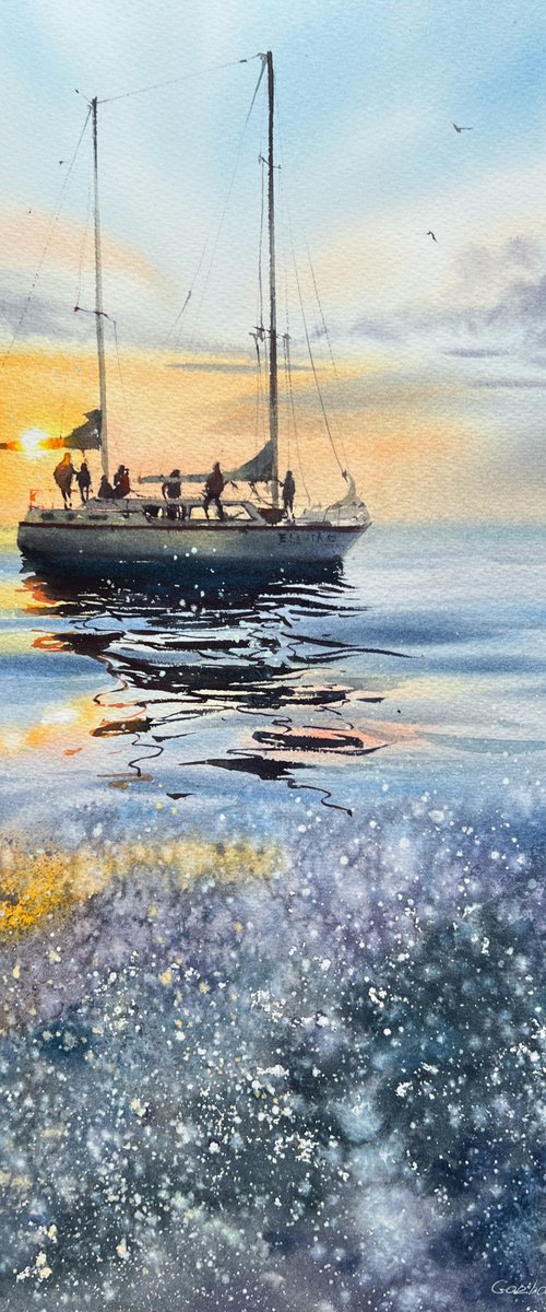 Yacht at sea at sunset. Sailors #3 by Eugenia Gorbacheva