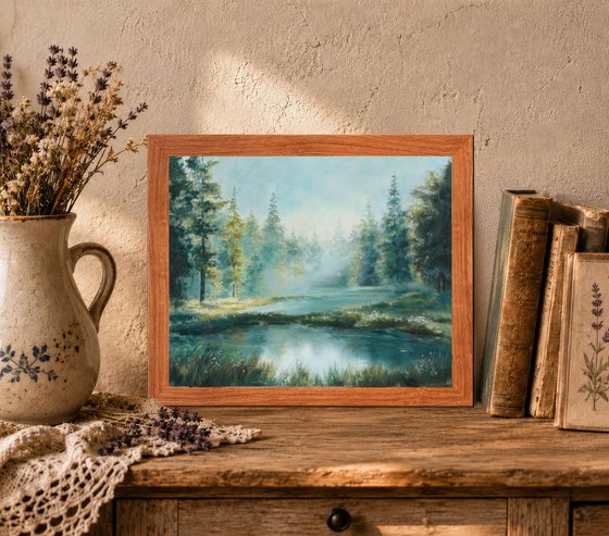 Misty lake in a pine forest