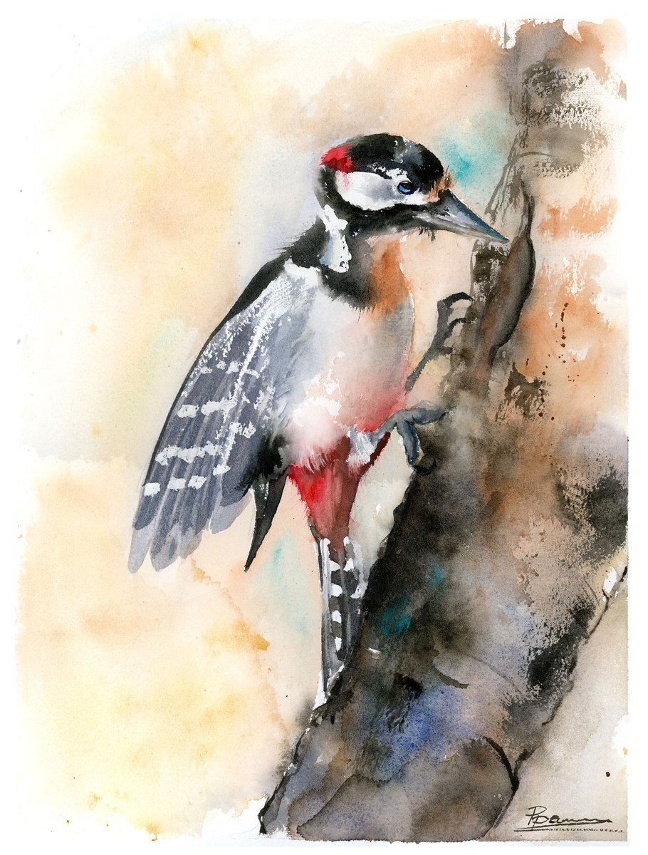 Expressive Animal Watercolour By Olga Tchefranov (Shefranov), 11 X 15", Woodpecker, Original Artwork