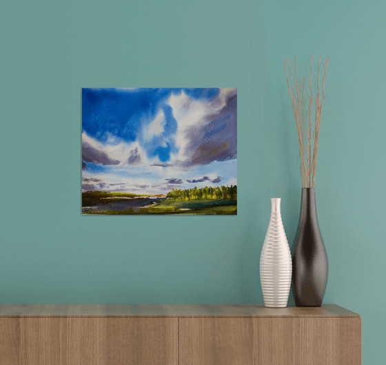 Fall sky in Salamanca, Spain. Original watercolor. Landscape cloud blue nature dramatic interior blue