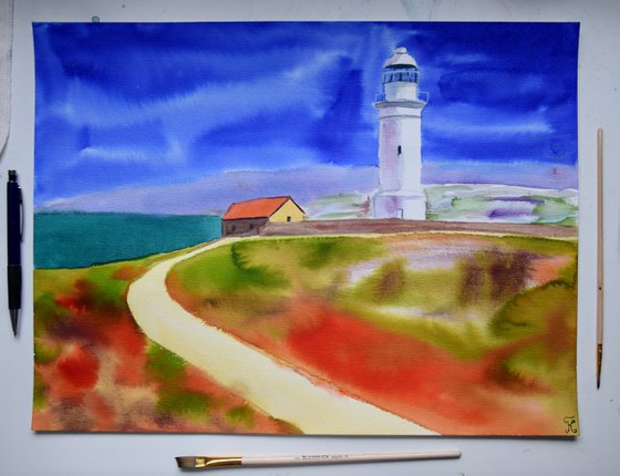 Lighthouse Original Watercolour Painting, Seascape Wall Art, Sea Large Artwork