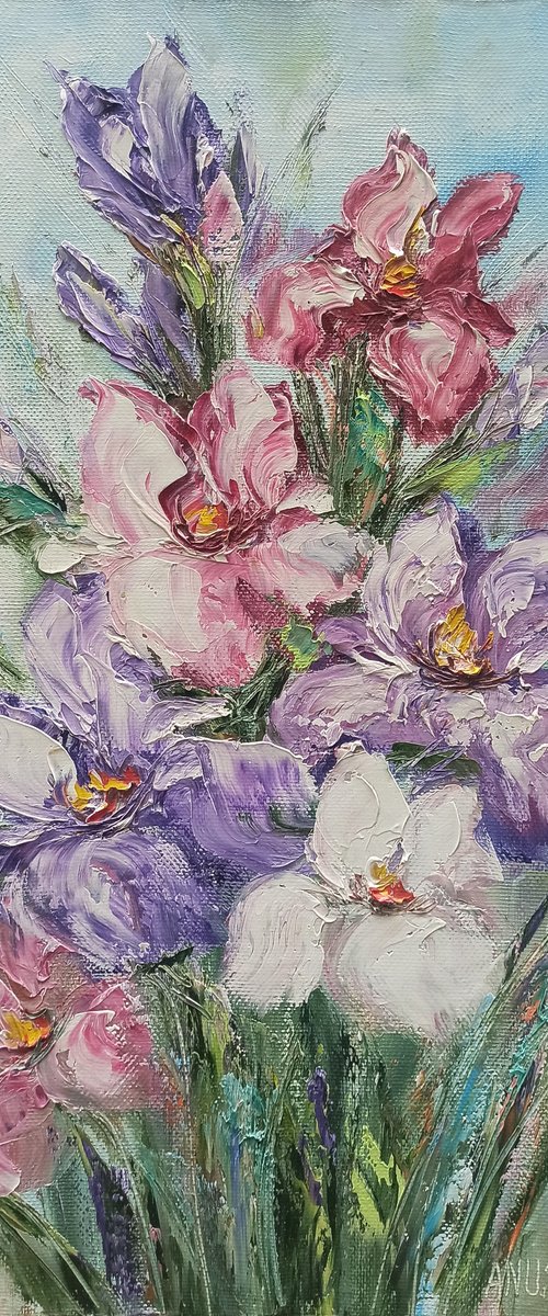 Irises (40x80cm, oil painting, palette knife) by Anush Emiryan