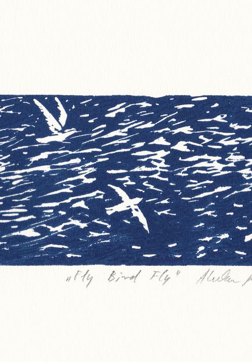 Fly Bird Fly, 2010, linocut by Alenka Koderman