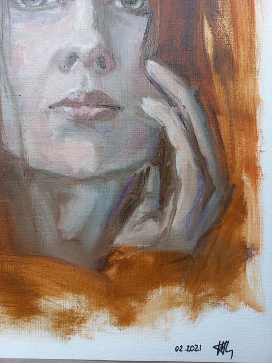 Waiting. Woman portrait. Etude style. 38 x 27 cm/ 15 x 10.6 in