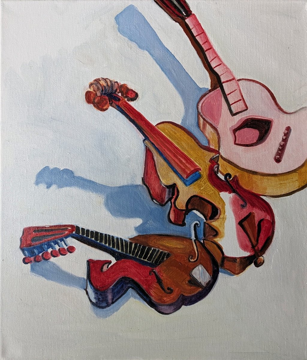 Abstract Still Life Oil Painting By Chris Walker, 15 X 18, String Trio, Original Artwork