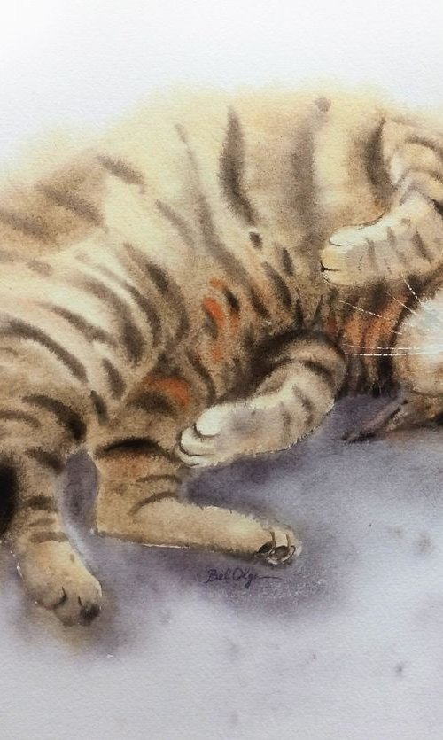 The Sly Cat  - resting cat - t by Olga Beliaeva Watercolour