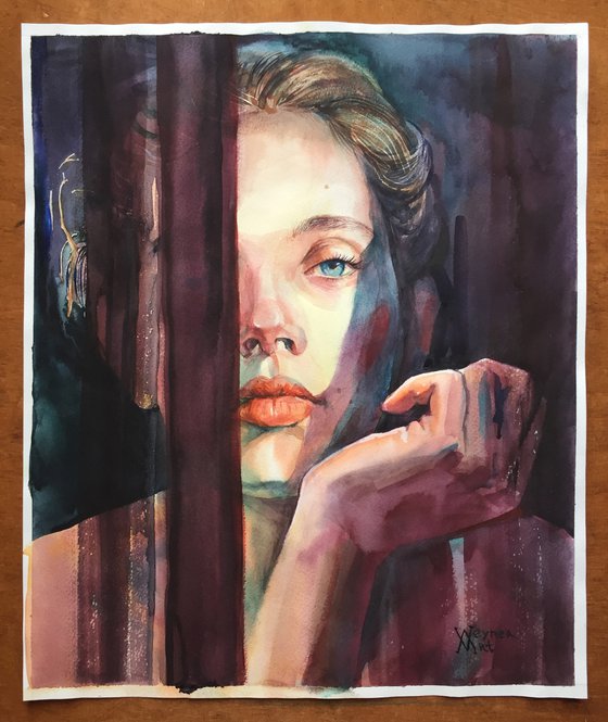 Female portrait. Riddles and shadows. Original watercolor.