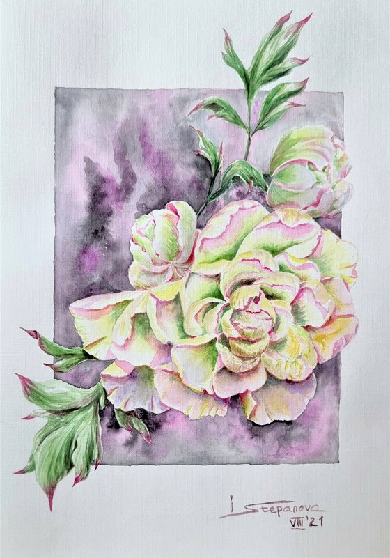 Watercolor peony - a cozy painting - botanical bright accents with white flower - 21х29.5 cm