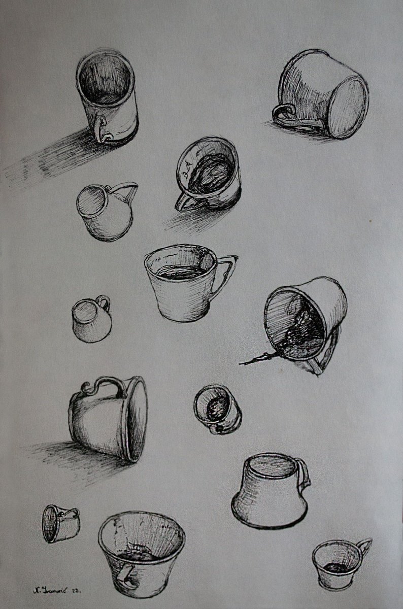 Illustrative Ink Drawing , Coffee Mugs By Nikola Ivanovic, 8 X 12, Artwork For Sale On Artfinder