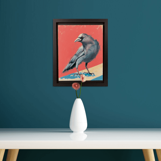 Crow black bird on pink. Original Oil Painting.