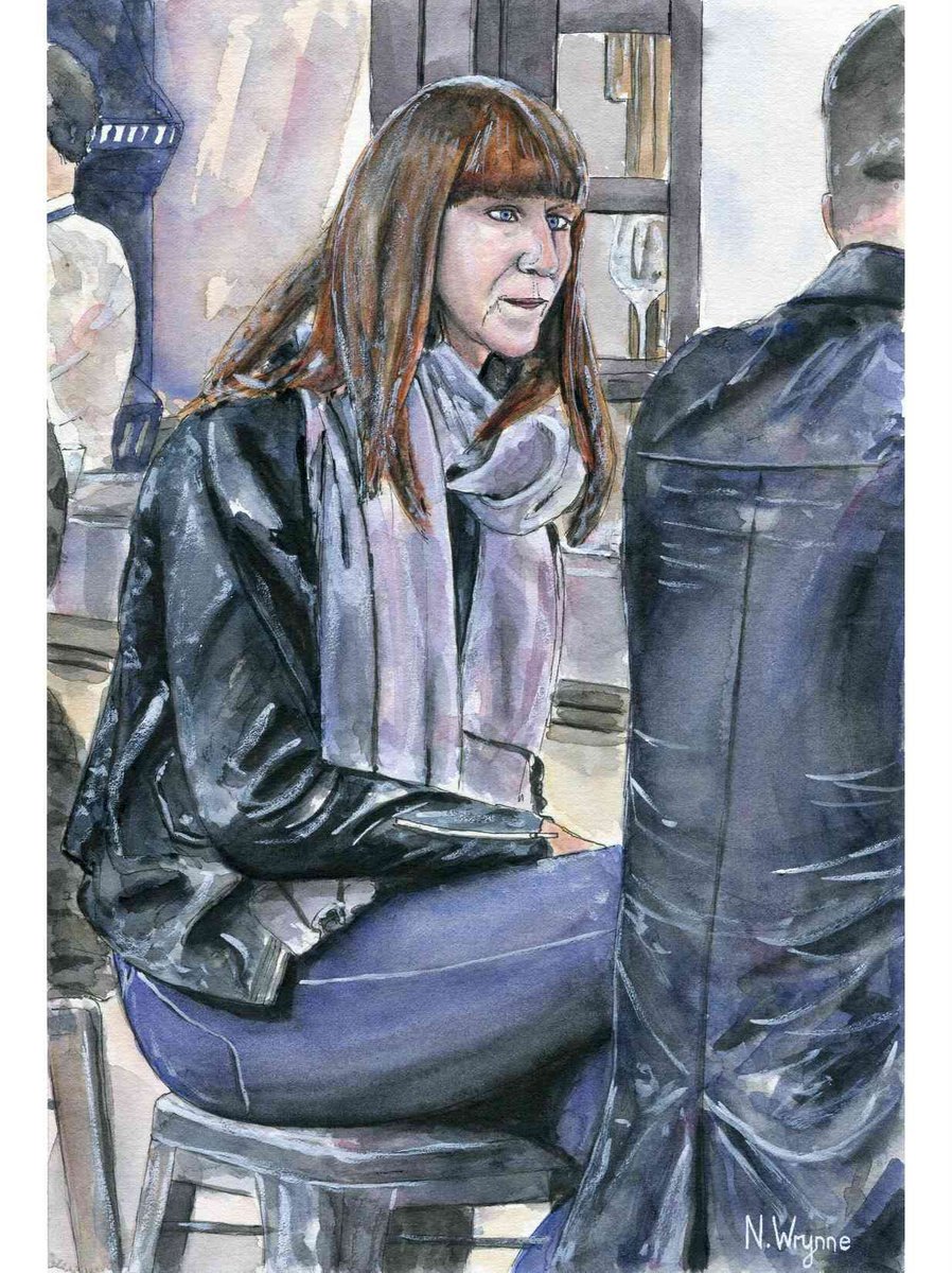 Original Watercolour Painting - Leather Jackets - Couple cafe talking wall Art by Neil Wrynne