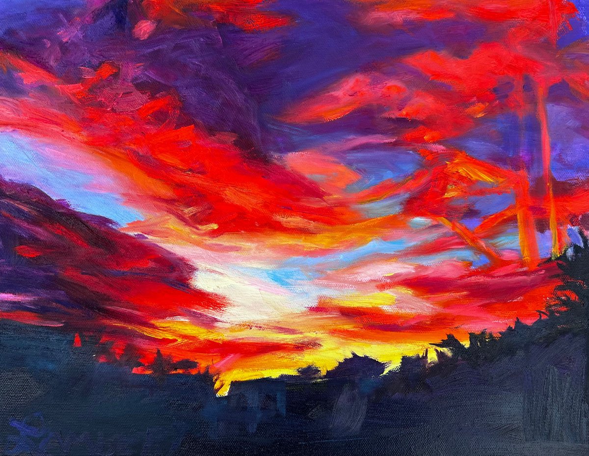 Expressive Landscape Oil Painting By Bonnie Lambert, 14 X 11, Crimson Inferno, Original Artwork