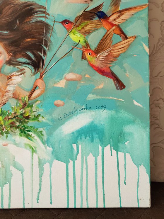 Winged fairy oil painting on canvas, Whimsical girl with colorful hummingbirds, Sky turquiose art