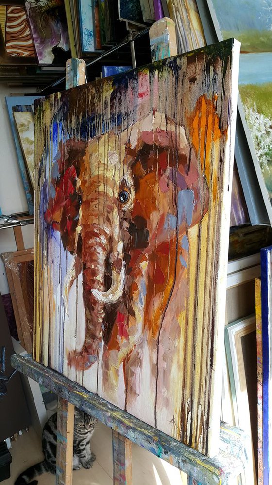 Coming out of the jungle - african elephant, painting on canvas, animals oil painting, Impressionism, palette knife, gift.