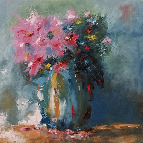 Modern still life oil painting. Flowers in vase. Gift for mother