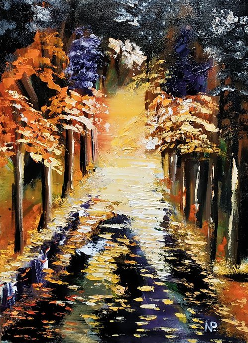 The path to the unknown, original autumn landscape oil painting, gift idea by Nataliia Plakhotnyk