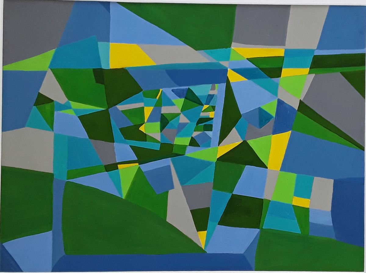 Geometric Landscape Painting By Paul Heron, 21 X 17", South Downs, Original Artwork