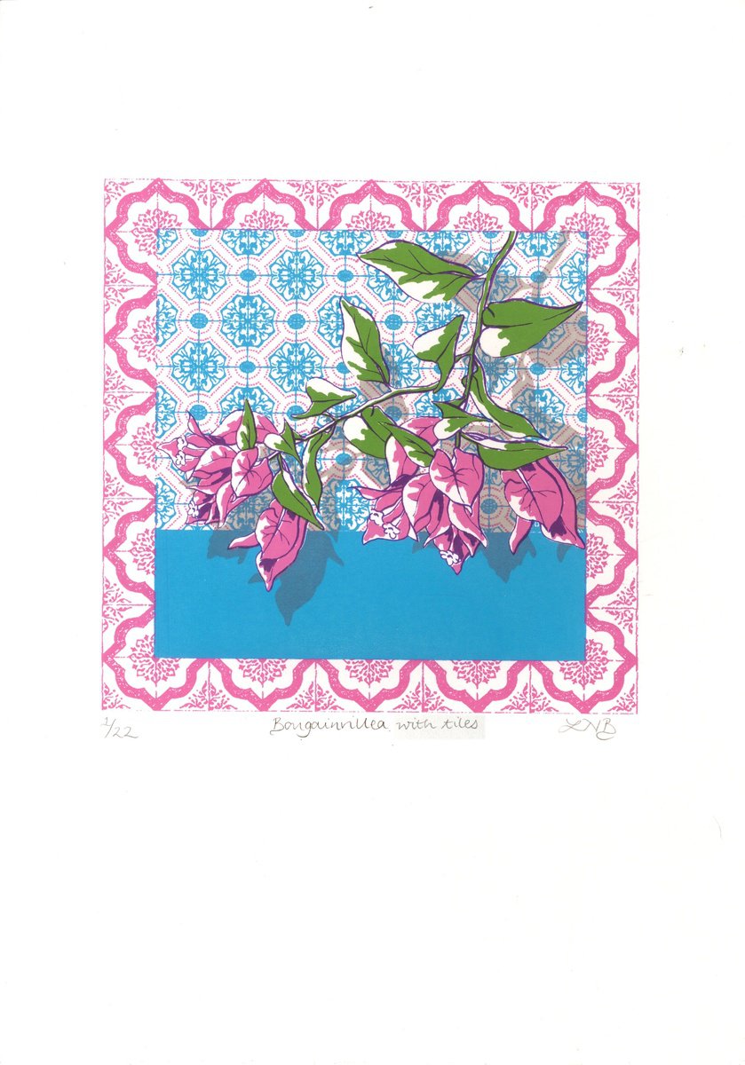 Illustrative Botanical Screenprint By Louise Boulton, 8 X 11", Bougainvillea With Tiles, Original Artwork