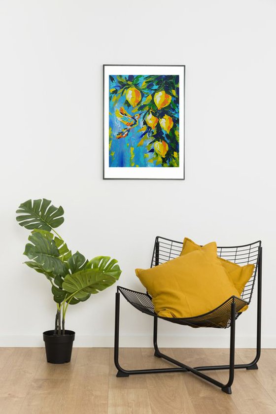 Lemon tones - lemon, oil painting, bird, lemons oil painting, bird in flight, lemons on the tree, nature