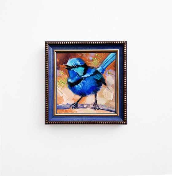 Fairy wren bird art, Small painting of bird in frame, Pocket bird painting, Original blue bird art 4x4