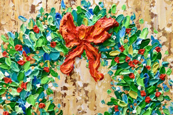 Holiday Wreath - Original Acrylic Painting, Textured Christmas Art