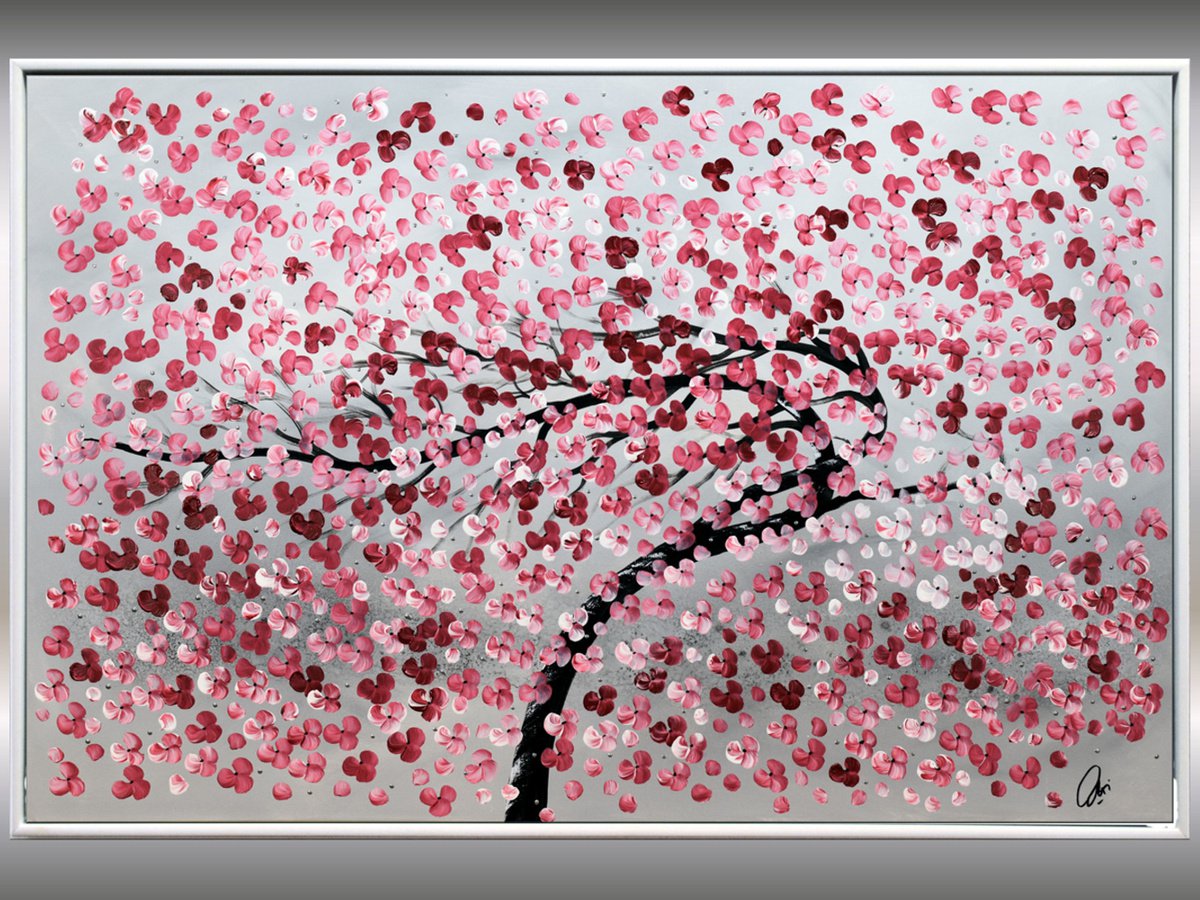 Blown Away - acrylic abstract painting cherry blossoms nature painting framed canvas wall... by Edelgard Schroer