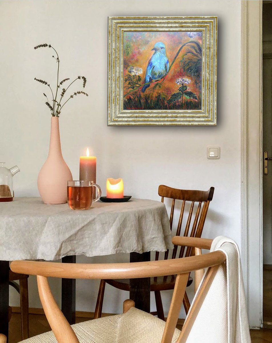 Impressionistic Animal Oil Painting By Katia Ricci, 12 X 12", Kingfisher, Original Artwork