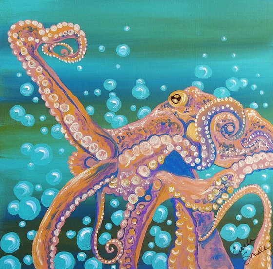 Octopus Marine Wildlife Original Art Painting-10 x 10 Inch Stretched Canvas-Carla Smale