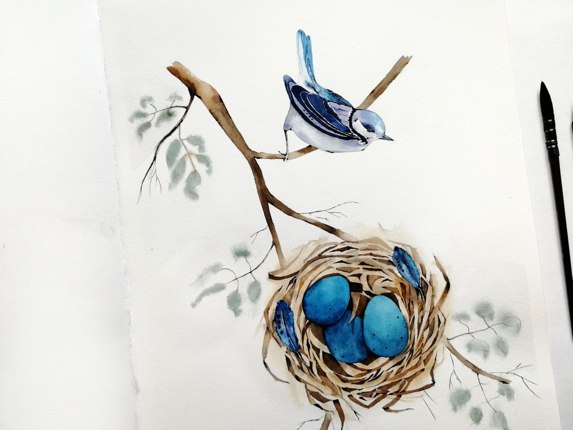 Hand painted acrylic bird nest on hot 8 by 10 gel press plate one of a kind monoprint art on acid free,8 and a half x 11 inch art paper nest art