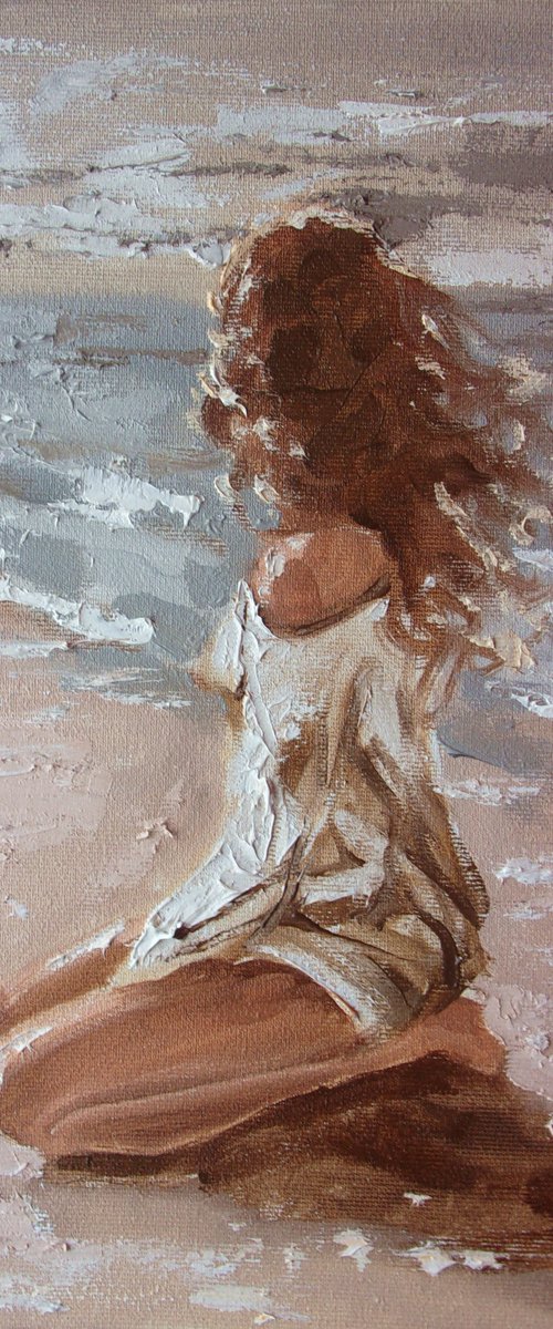" ON THE SAND ... " SUN SKY SEA SAND liGHt  ORIGINAL OIL PAINTING, GIFT, PALETTE KNIFE by Monika Luniak