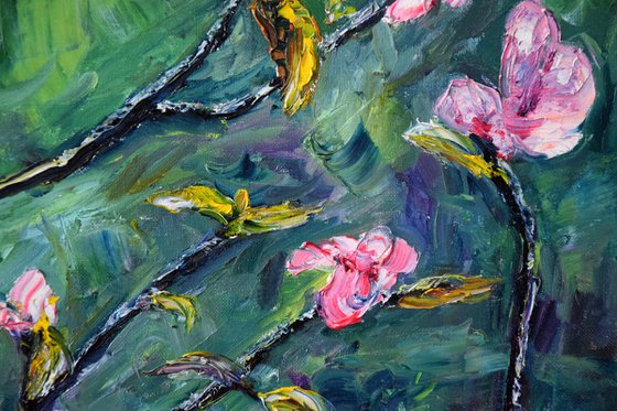 Spring flowers oil painting on canvas, pink flower, green wall art