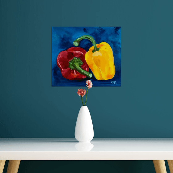 ReD and yellow Peppers on navy  blue background  #7