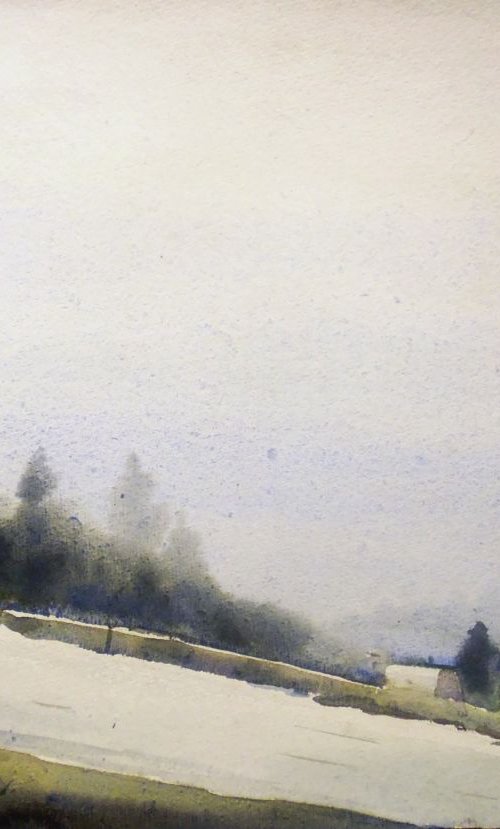Foggy Mysterious Mountain Road- Watercolor on Paper Painting by Samiran Sarkar