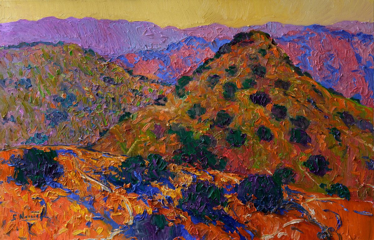 Expressive Landscape Oil Painting By Suren Nersisyan, 36 X 24", Dusk, Mountains In California, Original Artwork