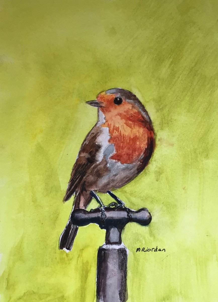 Robin on a water tap by Margaret Riordan