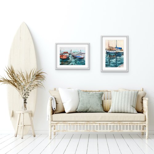 Set of two paintings. Reflections of yachts at sea. Original watercolor artworks. by Evgeniya Mokeeva